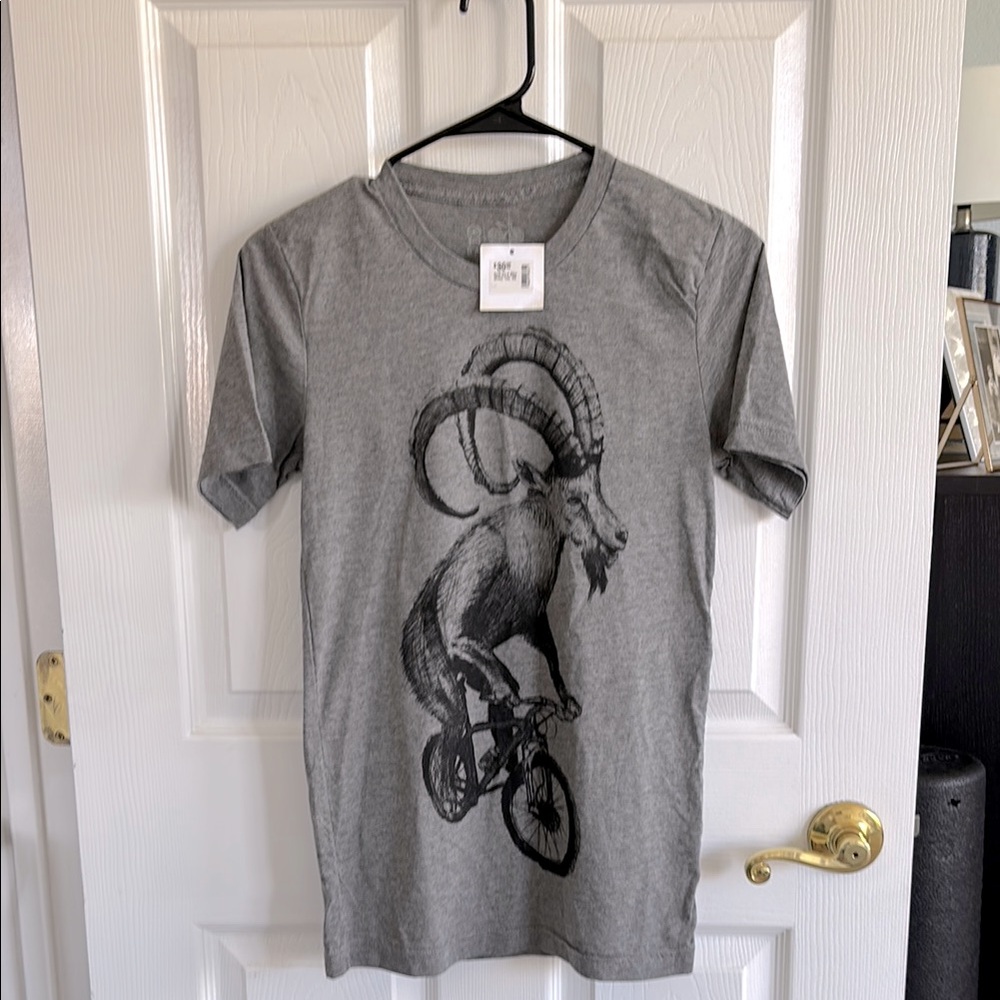 Gray Graphic T-Shirt with Goat on Bicycle